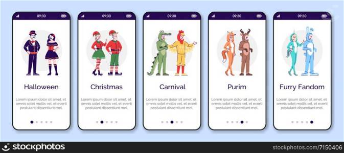 People dressed in animal costumes onboarding mobile app screen vector template. Holiday clothing for rent. Walkthrough website steps, flat characters. UX, UI, GUI smartphone cartoon interface concept