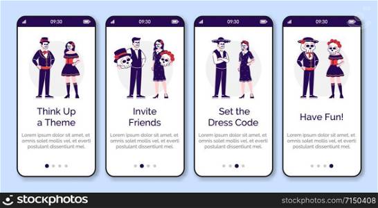 People dressed in holiday costumes onboarding mobile app screen vector template. Day of the Dead clothing. Walkthrough website steps, flat characters. UX, UI, GUI smartphone cartoon interface concept
