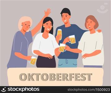 People drink beer in Oktoberfest party celebration. Friends have fun, they are happy to meet together, clinking mugs, smiling, laughing. Cartoon style vector illustration for banner, web, posters. People drink beer in Oktoberfest party celebration. Friends have fun, they are happy to meet together