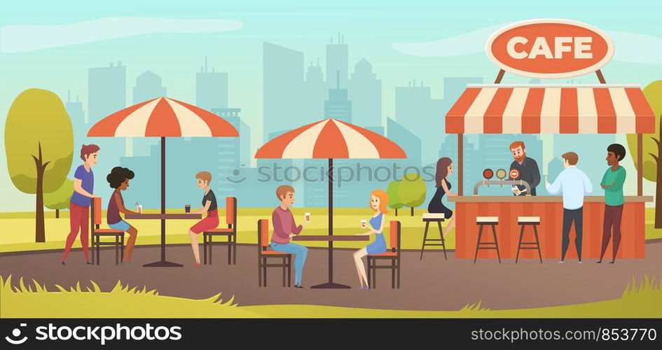 People Drink Coffe in Outdoor Vector Street Cafe on Restaurant Terrace. Park with Outside Cafe in Urban City landscape.