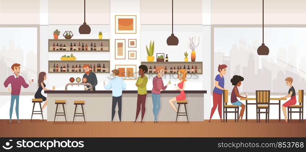 People Drink Coffe into Interior Vector Cafe Bar. Illustration of Lifestyle Characters Spend Time at Restraurant