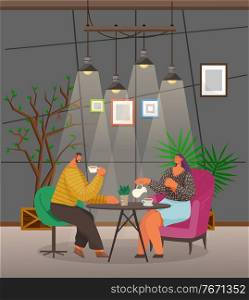 People drink coffee and talk with each other in cozy cafe. Man and woman sit on armchairs and have break or date. Coffeehouse with photo frames on wall and saplings. Vector illustration in flat style. People Sit in Cafe, Cafeteria Interior with Decor