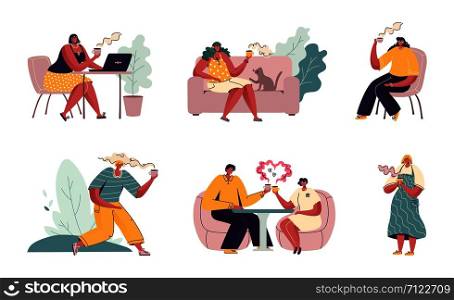 People drink coffee. Cartoon characters sitting in cafe, couples friends and people with laptop and phone. Vector illustrations scenes stile girls together drink coffee. People drink coffee. Cartoon characters sitting in cafe, couples friends and people with laptop and phone. Vector coffee scenes