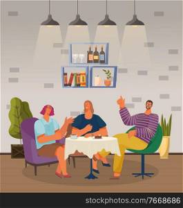 People drink coffee, eat cakes and talk with each other in cafe. Friends on meeting in cozy restaurant. Interior of coffeehouse with decoration like shelves and houseplants. Vector illustration. Friends on Meeting in Coffeehouse, Cozy Interior
