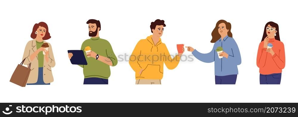 People drink coffee. Happy man woman with cups. Office characters on lunch, girl thinking with take away mug vector set. Illustration people drink coffee, characters with beverage. People drink coffee. Happy man woman with cups. Office characters on lunch, girl thinking with take away mug vector set
