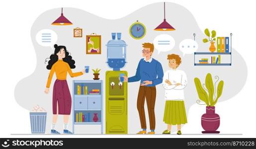 People drink water and talk near cooler in office. Vector flat illustration of work place interior with water dispenser and workers meeting for conversation and discuss of gossips and news. People drink water and talk near cooler in office