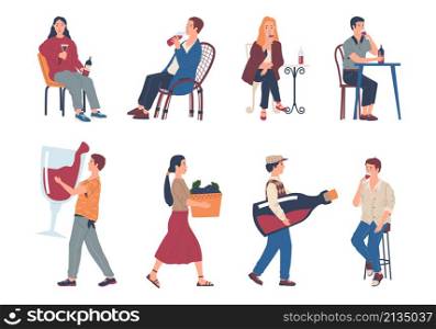 People drink wine. People with glasses, bottles and grapes, cartoon characters drink alcohol beverages. Vector illustration drinking persons set isolated girl men. People drink wine. People with glasses, bottles and grapes, cartoon characters drink alcohol beverages. Vector drinking persons set