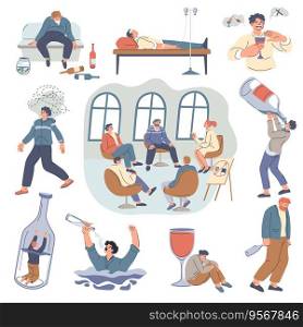 People drinking alcohol beverages, isolated characters with addiction. Drunk personages in company with bottles, abuse and health problems and issues, drowning. Vector in flat style illustration. Alcohol addiction, alcoholics with drinks and cups