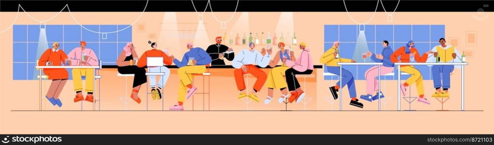 People drinking alcohol in bar, young couple dating, company friends celebrate party. Male and female characters communicate sit on high chairs at desk with barista, Line art flat vector illustration. People drinking alcohol in bar sit on high chairs
