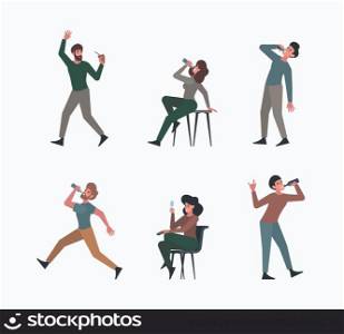 People drinking. Characters in restaurant drinking beverage fresh liquids food garish vector flat illustrations isolated. Character man drinking coffee or alcohol. People drinking. Characters in restaurant drinking beverage fresh liquids food garish vector flat illustrations isolated