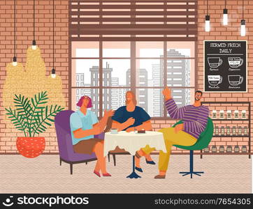 People drinking coffee or tea and talking. Male and female characters having conversation and enjoying cup of hot beverages in cafe or coffeehouse. Man raising his hand up. Vector in flat style. Friends Meeting in Cafe People Drinking Coffee