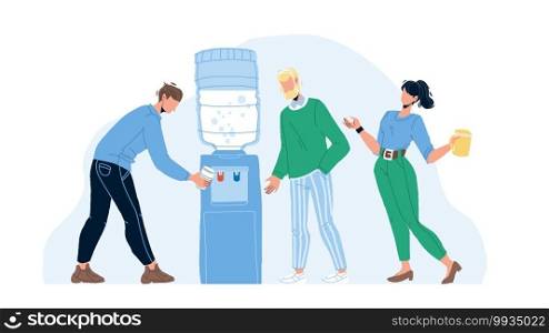 People Drinking Fresh Water From Cooler Vector. Office Colleagues Filling Cups With Hot And Cold Liquid From Cooler Equipment. Thirsty Characters Men And Woman Having Break Flat Cartoon Illustration. People Drinking Fresh Water From Cooler Vector
