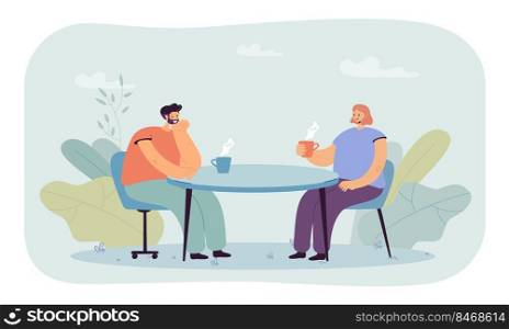 People drinking hot drink at cafe table together. Woman and man holding tea or coffee cups flat vector illustration. Conversation of two friends concept for banner, website design or landing web page. People drinking hot drink at cafe table together