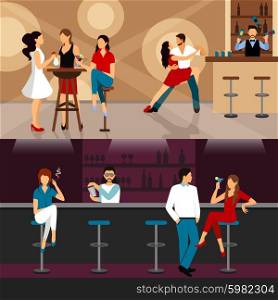 People drinking in bar horizontal banner set isolated vector illustration. People Drinking In Bar