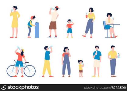People drinking water. Adults and kids drink clean aqua from glass and bottles. Flat characters in heat or hot summer. Thirst after sport workout vector set. Illustration of drink hydration cartoon. People drinking water. Adults and kids drink clean aqua from glass and bottles. Flat characters in heat or hot summer. Thirst after sport workout recent vector set
