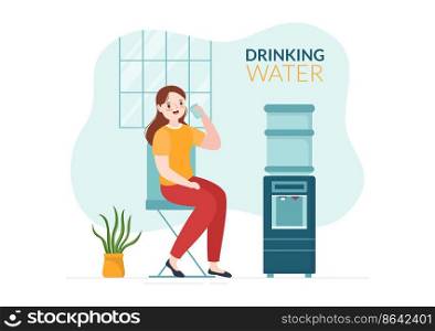 People Drinking Water From Plastic Bottles and Glasses with Pure Clean Fresh Concept in Flat Cartoon Hand Drawn Templates Illustration