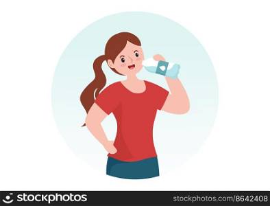 People Drinking Water From Plastic Bottles and Glasses with Pure Clean Fresh Concept in Flat Cartoon Hand Drawn Templates Illustration