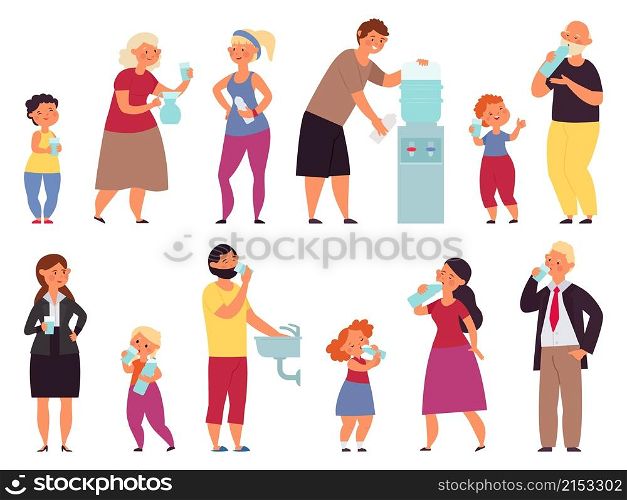 People drinking water. Teens drink, healthy characters. Girl drinks pose, child hold bottle. Business office male with glass vector set. Person drink water, thirst of fresh drinking illustration. People drinking water. Teens drink, healthy lifestyle characters. Girl drinks pose, child hold bottle. Business office male with glass decent vector set