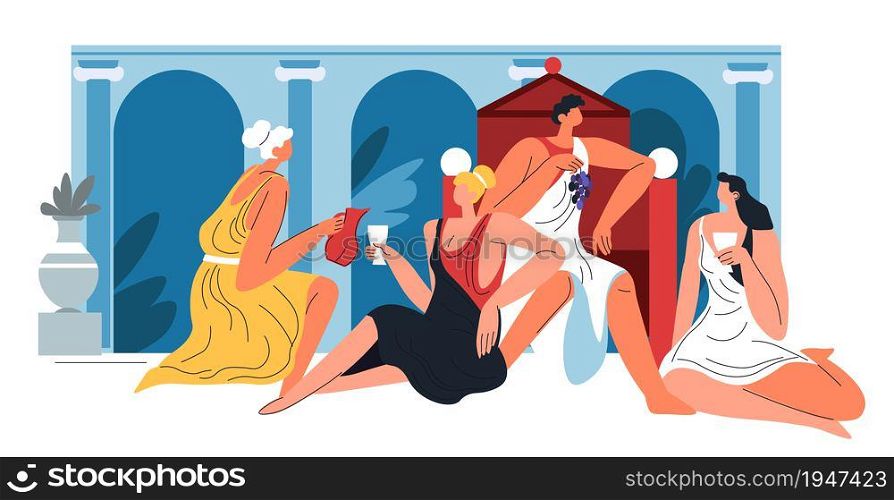 People drinking wine and enjoying life, greek or roman symposium, gathering or celebration in ancient time. Women and men communicating and laughing. Mythology or holiday. Vector in flat style. Greek or roman sympozium, people drinking wine