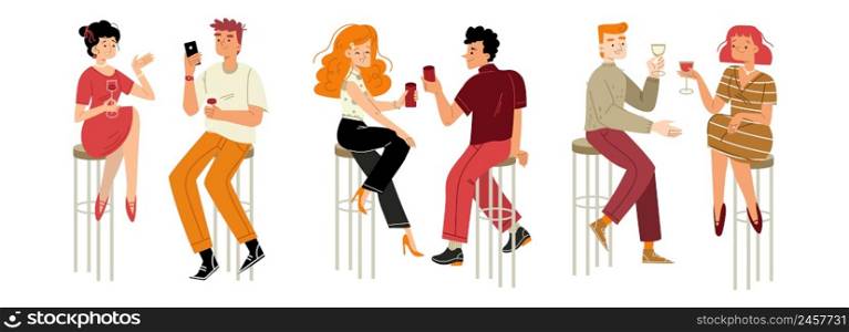 People drinking wine, dating, celebrate party. Couple male and female characters holding wineglasses sit on high chairs in bar communicate, laugh, drink alcohol Linear cartoon flat vector illustration. People drinking wine, dating, celebrate party
