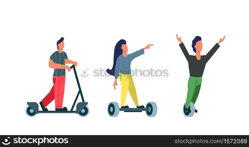 People drive electric transport modern urban vector illustration eco city. Active vehicle technology with people ride bike concept. Electric device travel character woman and man on summer lifestyle