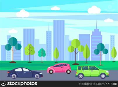 People driving cars in city vector, cityscape with trees and greenery of park. Automobile vehicles sportive transport in town. Skyscrapers and nature. Cityscape with Skyscrapers and Transportation Cars