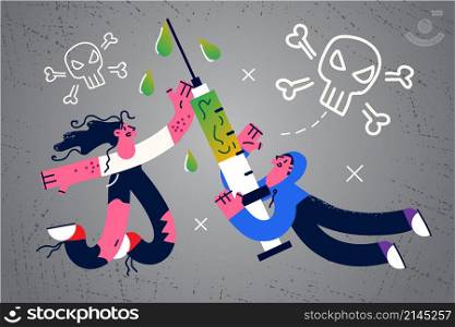 People drug addicts with syringe obsessed with heroin. Addicted man and woman suffer from narcotics or crack addiction. Healthcare and danger, abuse concept. Flat vector illustration. . Addicts with huge syringe suffer from drug addiction