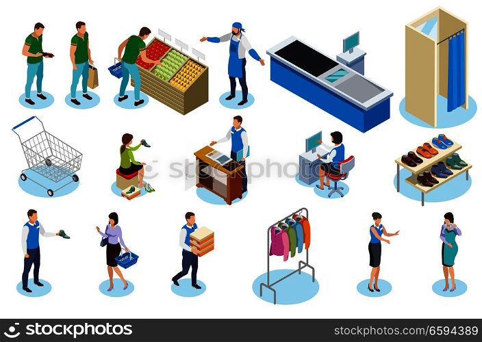 People during shopping isometric icons with trade equipment, sellers, vegetables, clothing and shoes isolated vector illustration . Shopping People Isometric Icons
