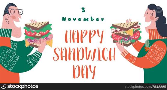 People eat a very large sandwich. Vector funny illustration in flat cartoon style. Isolated on a white background.. Happy sandwich day. Men and women eat sandwiches. Vector illustration, greeting poster, greeting card.