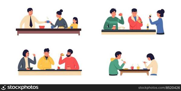 People eating at table. Cartoon friends and couples have breakfast lunch dinner and spending time together. Vector family holiday dinner illustration of lunch woman and man. People eating at table. Cartoon friends and couples have breakfast lunch dinner and spending time together. Vector family holiday dinner illustration