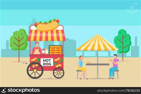People eating by hot dog seller kiosk vector, cityscape in background, male and woman enjoying meal, trailer with snacks and food summer market trees. Hot Dog Seller with Buns, People Eating in Shade