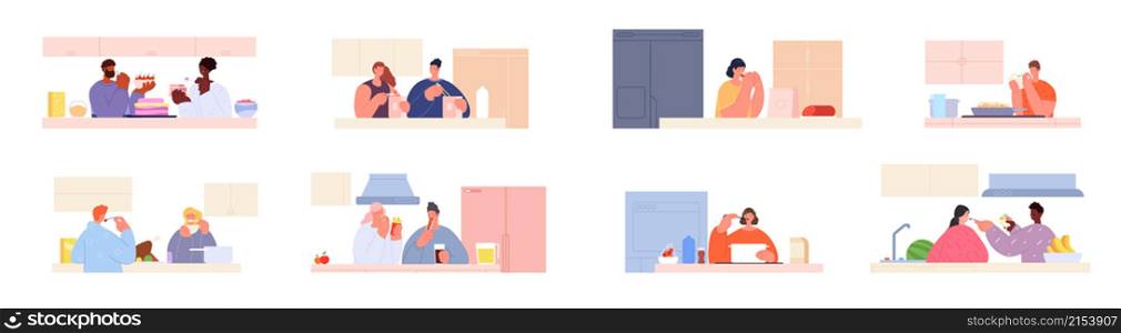 People eating. Eat on kitchen, couple prepare food and testing ingredients. Breakfast, lunch or dinner. Cooking meal at home utter vector set. Illustration of couple man and woman preparing at kitchen. People eating. Eat on kitchen, couple prepare food and testing ingredients. Breakfast, lunch or dinner. Cooking meal at home utter vector set