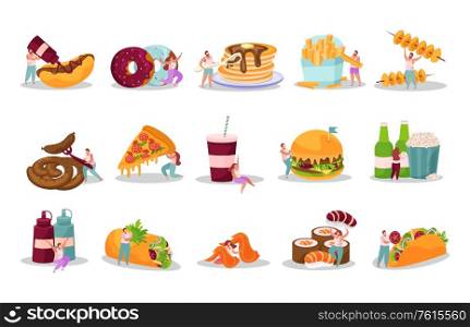 People eating fast food burger donut popcorn kebab pizza pancakes sausages flat icons set isolated vector illustration