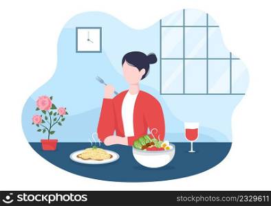 People Eating Food at Each Meal with Health Benefits, Balanced Diet, Vegan, Nutritional and the Food Should be Eaten Every Day in Flat Background Illustration