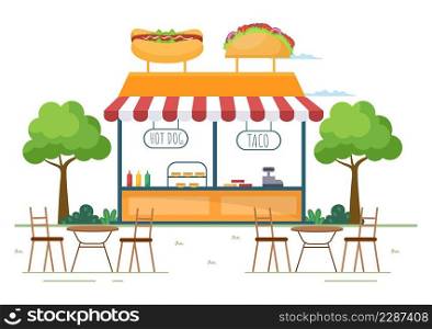 People Eating in Outdoor Street Food Serving Fast Food Like Pizza, Burger, Hot Dog or Tacos in Flat Cartoon Background Poster Illustration