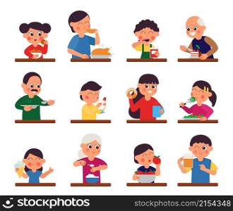 People eating. Men eat taste food. Restaurant or cafe characters, school canteen, buffet. Person breakfast, lunch or dinner decent vector set. Illustration of young person eat nutrition and breakfast. People eating. Men eat taste food. Restaurant or cafe characters, school canteen, buffet. Person has breakfast, lunch or dinner decent vector set