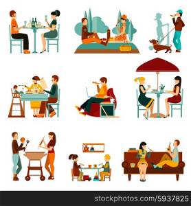 People eating out and an homes flat icons set isolated vector illustration. Eating People Icons Set