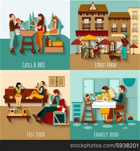 People eating out design concept set with street fast food flat icons isolated vector illustration. People Eating Out