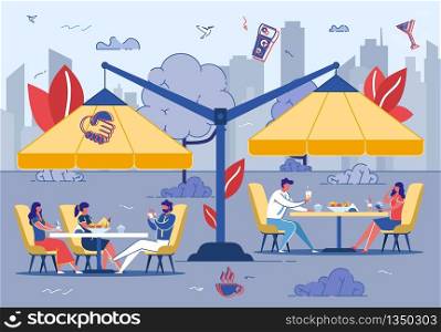 People Eating Out in Public Place Sitting at Tables under Canopy, Buying Fast Food, Happy Family and Friends Spend Time Outdoors, Summer Leisure, Vacation, Street Food Cartoon Flat Vector Illustration. People Eating Out in Public Place Sitting at Table