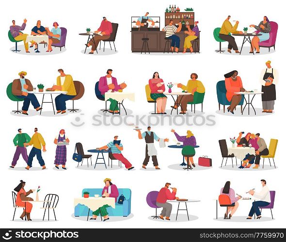 People eating scenes set. Friends or business partners are sitting in cafe or restaurant at a table eating and drinking, have dinner. Cheerful company of people man and women in the club having fun. People eating scenes set. Friends or business partners are sitting in cafe or restaurant at a table