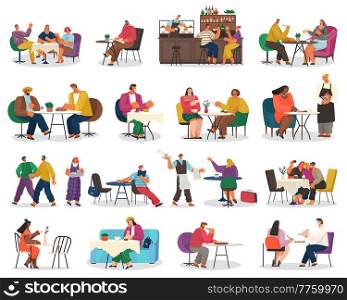People eating scenes set. Friends or business partners are sitting in cafe or restaurant at a table eating and drinking, have dinner. Cheerful company of people man and women in the club having fun. People eating scenes set. Friends or business partners are sitting in cafe or restaurant at a table
