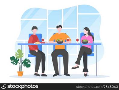 People Eating, Talking, Drinking and Working at Tables on Cafe or Restaurant in Flat Cartoon Illustration