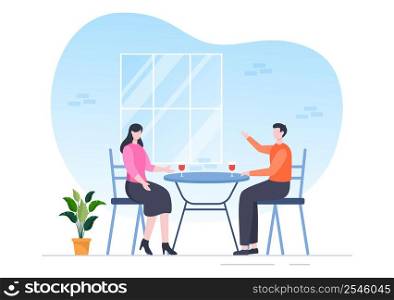 People Eating, Talking, Drinking and Working at Tables on Cafe or Restaurant in Flat Cartoon Illustration
