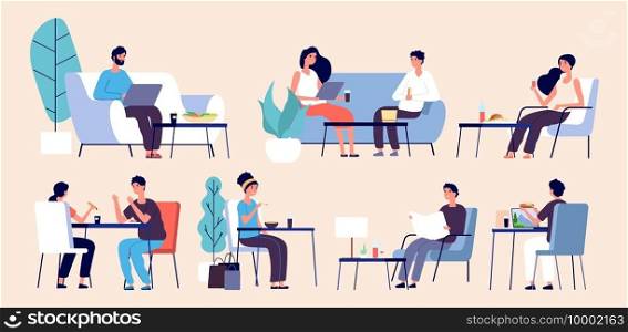 People eating. Women men relax with food. Flat vector people in restaurant, cafe, food court. Restaurant with people sit at table illustration. People eating. Women men relax with food. Flat vector people in restaurant, cafe, food court
