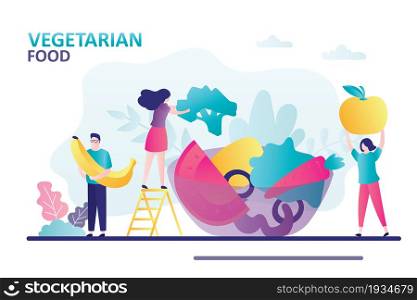 People eats vegetarian food. Large plate with fresh vegetables and fruits. Concept of healthy lifestyle and organic food. Male character holds banana. Banner in trendy style. Flat vector illustration. People eats vegetarian food. Large plate with fresh vegetables and fruits. Concept of healthy lifestyle and organic food. Male character holds banana