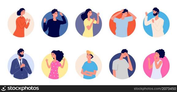 People emotional avatars. Different gestures, happy sad confused characters. Woman man in round, cute cartoon guys girls vector set. Person avatar cartoon, character expression illustration. People emotional avatars. Different gestures, happy sad confused characters. Woman man in round, cute cartoon guys girls vector set