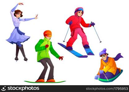 People engage winter sport. Cartoon characters wintertime recreation, activity. Happy men and women in warm clothes riding sled, snowboard, walk by skis and figure skating entertainment, vector set. People engage winter sport, wintertime recreation