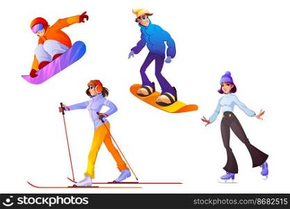 People engage winter sport. Happy men and women in warm clothes riding snowboard, walk by skis and skates. Cartoon characters wintertime season active recreation, activity entertainment, vector set. People engage winter sport, active recreation set