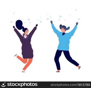 People enjoy snow. Man woman jumping snowfall, flat happy winter characters. Season activity in cold weather vector illustration. Woman and man in snowfall jump. People enjoy snow. Man woman jumping snowfall, flat happy winter characters. Season activity in cold weather vector illustration