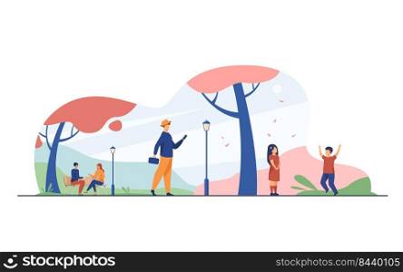 People enjoying cherry tree blooming season in park. Children and adults walking at adorable sakura trees with pink blossoms. Vector illustration for spring, hanami, nature, leisure concept